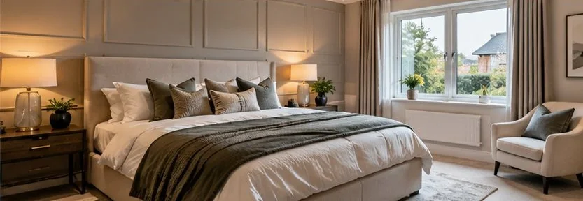 A bedroom with a made bed, bedside lamps and an armchair by the window