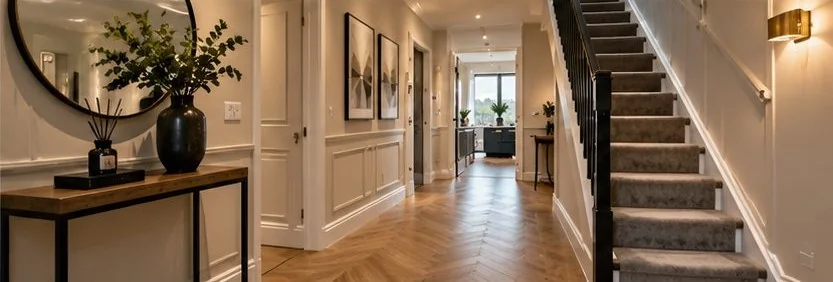 A hallway with wood flooring, a console table and a staircase