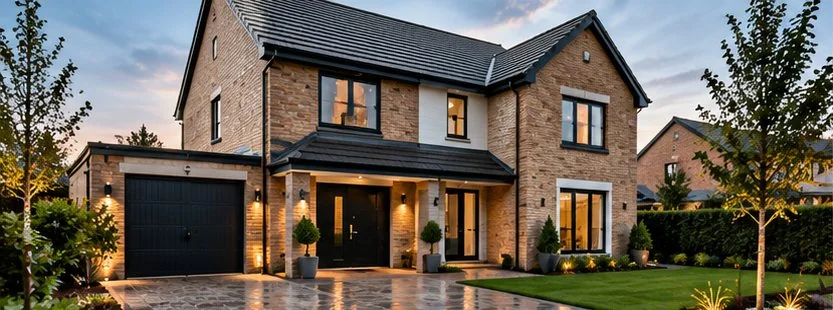 A brick-built family house at dusk with its lights on