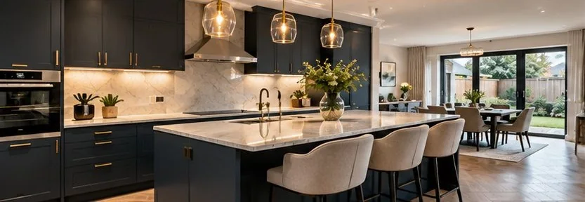 A fitted kitchen with dark units, an island and pendant lights
