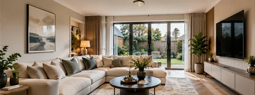 A bright living room with a corner sofa and doors open to a garden