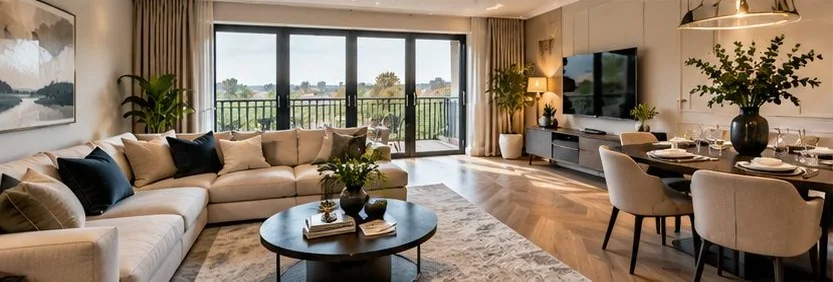 An open living and dining room with a sofa, a dining table and a balcony